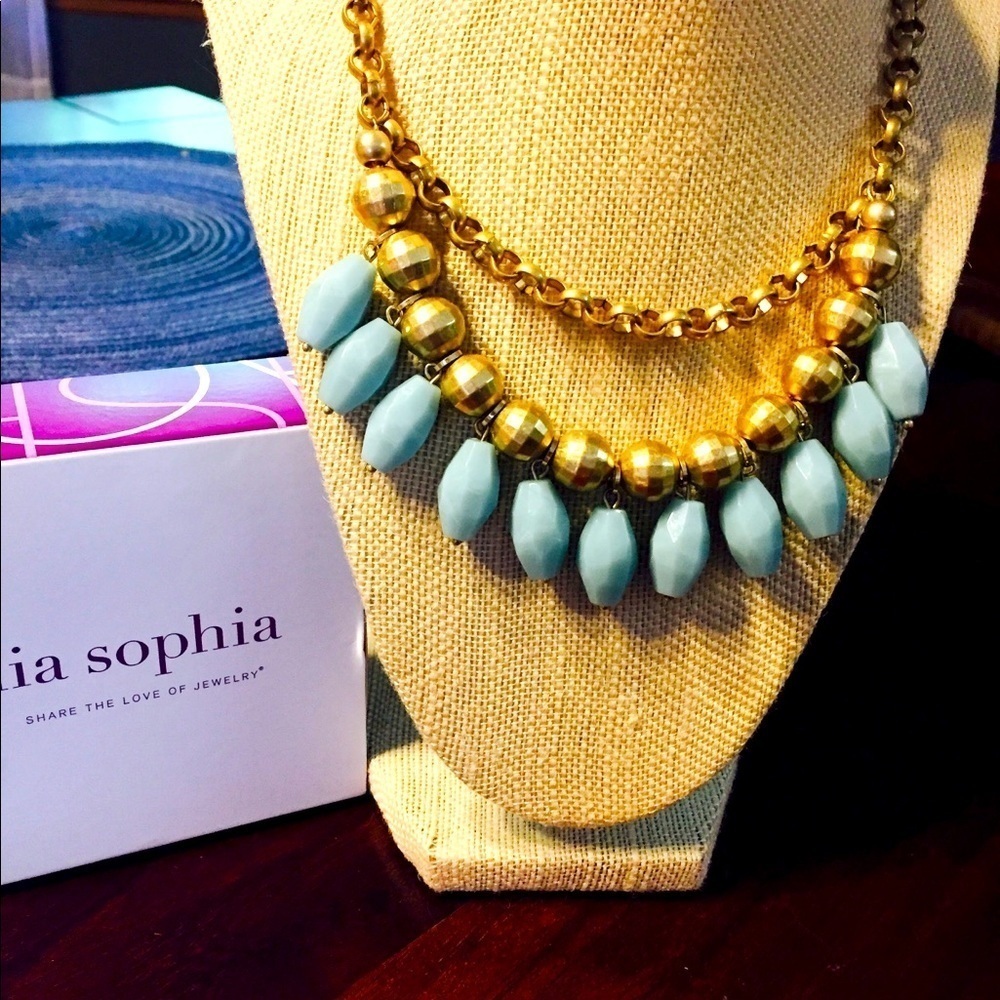 Lia Sophia “Cabana” Turquoise and Matte Gold Chain Statement Necklace